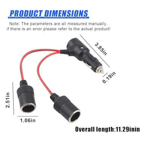 Craedli 1 to 2 Car Cigarette Lighter Splitter Adapter, 12V/24V 2-Way Splitter Automotive Power Charger Port Socket with On Off Switch, Cigarette Lighter Extension Cord with 15A Fuse (1to2) - size: 1to2