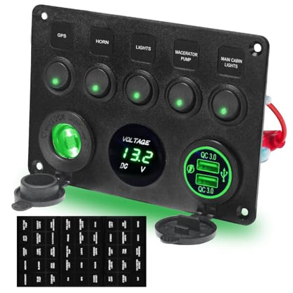 Upgraded 5 Gang Rocker Switch Panel - Dual QC 3.0 USB Charger, Digital Volmeter, 12V Outlet, Pre-Wired with Circuit Breakers for RV/Car/Boat/Truck, 2-Year Warranty (Green) - color: Green + Dual QC USB Charger