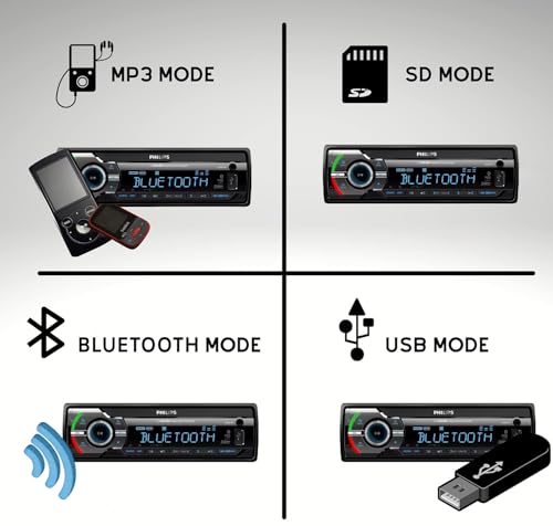 Philips Car Stereo Bluetooth Audio Receiver, Sleek Single Din Car Stereo with AM/FM Radio, USB, AUX-in and Built-in Microphone for Hands-Free Calling and Music Streaming, Powerful Sound - color: BLACK