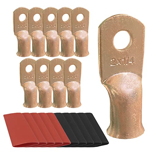 10pcs 2 AWG-1/4 Ring Battery Lugs, Copper Lugs, Battery Cable Ends, Tubular Ring Terminals, Crimp Wire Ring Lugs, Battery Terminal Connectors with Heat Shrink Tubing (10, 2 Awg - 1/4" (M6) Ring) - size: 2 Awg - 1/4" (M6) Ring