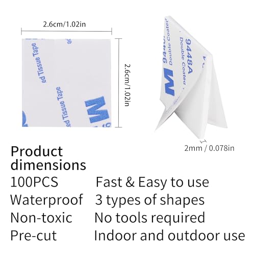 100 Pack Square Double Sided Foam Mounting Tape, Heavy Duty Super Sticky Self-Adhesive Pads, Waterproof Weatherproof Foam Tape for Automotive, Household, Office Decoration, 26mm x 26mm x 2mm