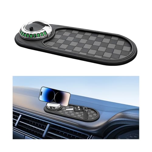 HZEL Car Dash Anti-Slip Pad, 3 in 1 Rotating Vehicle Dashboard Mat with Temporary Parking Number, Anti-Shake Auto Phone Sunglasses Keys Holder Organizer Pad, Universal Fit (Black/Silver) - color: Black/Silver