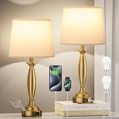 Bedroom Lamps for Nightstand, 3 Way Dimmable Gold Bedside Lamps with USB - color: K. White Shade & Gold Base, size: Medium（22.5 In）