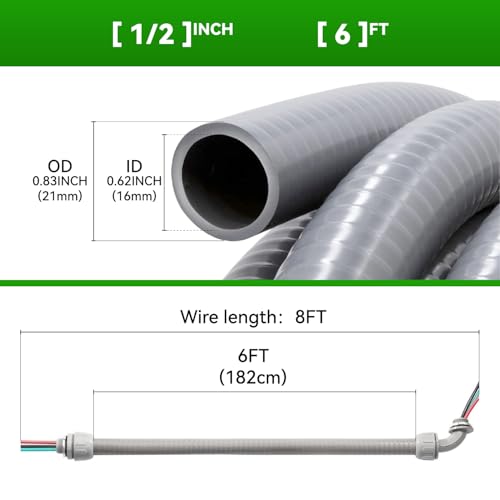 Power Whip Assembly Kit -1/2" x 6ft Non-Metallic Liquid Tight with 10 Gauge Wire Electrical AC Whip Kit Flexible Electrical Conduit & straight/90°Fittings