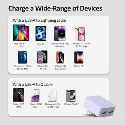 Nekmit Flat USB Wall Charger, Dual Port Slim USB Wall Charger with Smart IC for iPhone 14/14 Pro/14 Pro Max/13/13 Pro/13 Pro Max/12/12 mini/12 Pro, Galaxy, Pixel, iPad Pro, AirPods and More, Purple - color: Purple