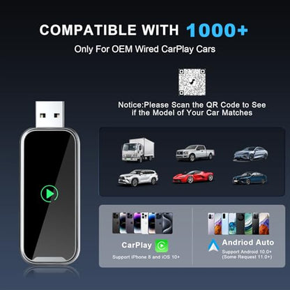 Wireless CarPlay Adapter, 2-in-1 Wired to Wireless CarPlay/Android Auto Converter, Plug & Play, Siri Control, Universal Compatibility for 1000+ Cars, iPhone & Android (Silvery Grey)