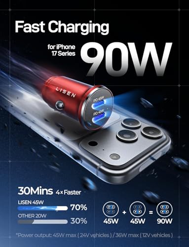 LISEN 90W USB C Car Charger USB C Fast Charge, RV PD Fast Car Charger, Red - color: Red, size: 1 Pack