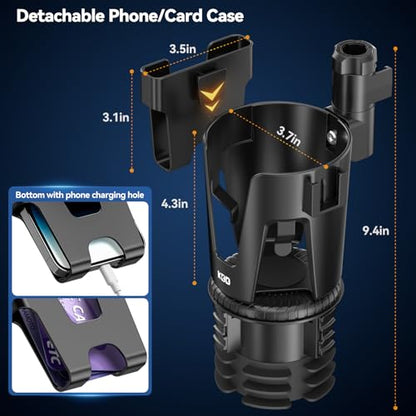 KDD Car Cup Holder Expander - 3 in 1 Cup Holder Adapter with Adjustable Base - Detachable Phone Holder & 360° Rotation Food Tray for Car - Compatible with Vehicles, Car, Road Trip Essentials