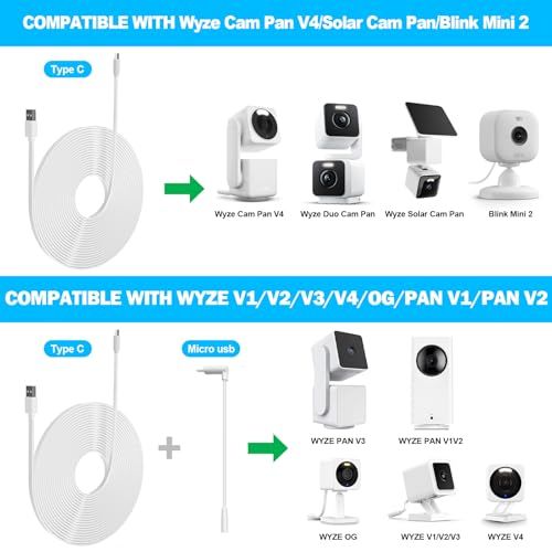 2 Pack 25FT Power Extension Cable Compatible with Wyze Cam v4/v3/OG,Wyze Cam Pan v3/v4,Blink,eufy,NestCam Indoor,Amazon Cloud Camera,USB A to USB C (White) - color: White, size: 25FT