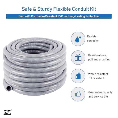 Z 3/4" Dia * 100 Feet Flexible PVC Conduit Kit with 31 Pieces, Including 10 Couplings, 10 Elbows, and 10 Straps, UV-Resistant, UL Listed (File E339276), Gray - style: 3/4" 100ft
