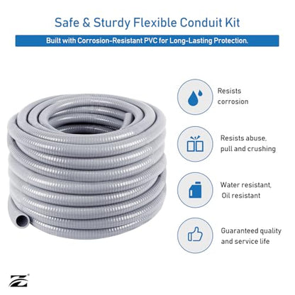 Z 3/4" Dia * 100 Feet Flexible PVC Conduit Kit with 31 Pieces, Including 10 Couplings, 10 Elbows, and 10 Straps, UV-Resistant, UL Listed (File E339276), Gray - style: 3/4" 100ft