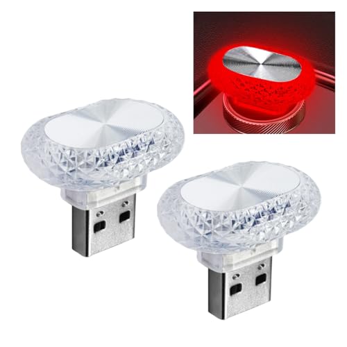 2PCS USB LED Car Interior Night Light, Crystal Mini Decoration Neno Ambient Light Car Interior Atmosphere Lamp, Plug-in USB Interface Auto Trunk Ambient Lighting Kit Universal for Cars (Red) - color: Red