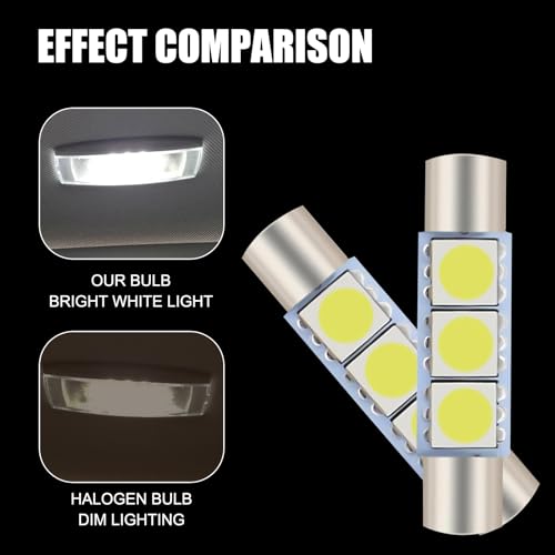 10 PCS T6 5050 Car LED Sun Visor Lights, 28MM 12V 300LM Super Bright Waterproof Vehicle Reading Light Bulb Replacement, Universal Automotive Roof Light Accessories (White Light) - color: White Light