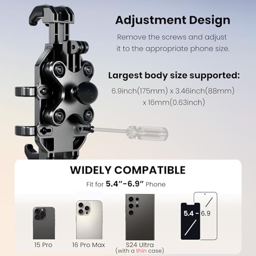 Motorcycle Phone Mount Holder with Vibration Dampener Anti-Shake 720° Adjustable for iPhone 16 Pro Max for Samsung 5.4''-6.9'' Phone Anti-Theft Dirt Bikes(U Shape Base 0.6-1.1" Handlebar) - style: U Shape Base