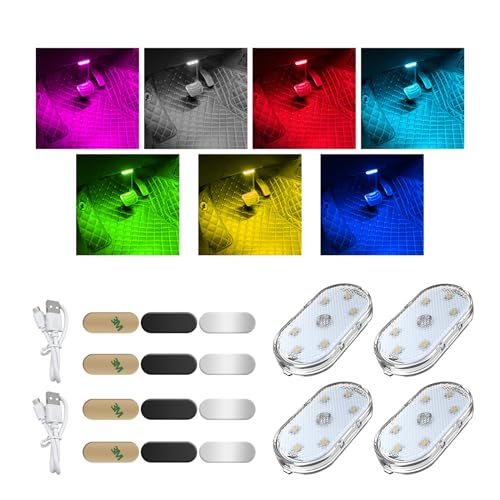Augeny 4 PCS Car LED Lights Interior Wireless, 7 Colors Sticky Auto Interior Light with 6 Bright LED Lamp Beads, Portable USB Rechargeable Vehicle Interior Led Night Light, Car Accessories - size: 4 PCS, style: Magnetic