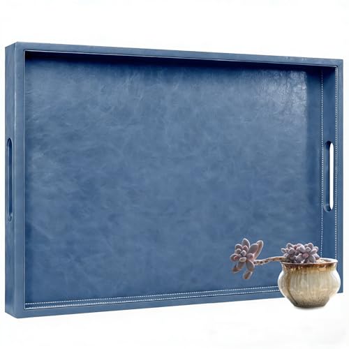 18 x 12 inches Leather Ottoman Serving Tray with Hole Handles, Rectangle Modern Service Tray for Living Room, Coffee Table, Bed, Tea, Food, Butler Countertop, Kitchen, Dinner, Picnic (Blue) - color: Blue, size: 18" x 12" x 2"