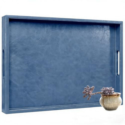 25x18 inches Leather Ottoman Serving Tray with Hole Handles, Rectangle Large Modern Service Tray for Living Room, Coffee Table, Bed, Tea, Food, Butler Countertop, Kitchen, Dinner, Picnic (Blue) - color: Blue, size: 25" x 18" x 2"