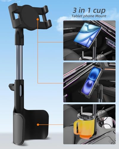 3 in 1 Tablet Holder for Car Bottle, 360°Rotatable & Aluminum Telescopic Arm Sturdy Rod Cup Holder Tablet Mount for iPad Pro 12.9/11/10.5/9.7/Air/Mini 6/5/4, iPhone 17/16/Pro, 4.7-12.9" Tab & Phone