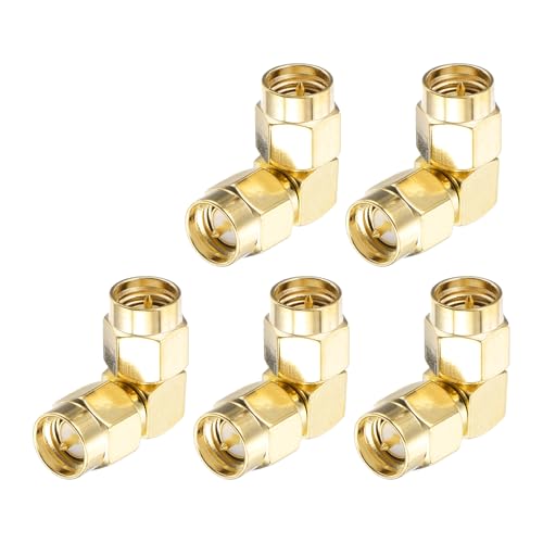 MECCANIXITY 5Pcs 90° Type SMA Right Angle Adapter SMA Male to Male Adapter Converter 50 Ohm for Antennas, Signal Monitoring, Test Bench, Router, Car Navigation, Gold