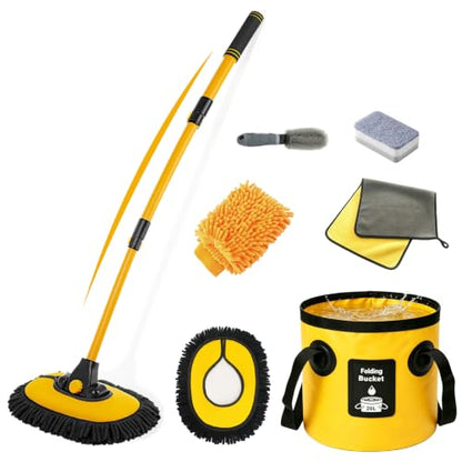 7 in 1 Car Wash Kit with 20L Folding Bucket & Brush, Extendable Car Wash Brush with 40.5" Long Handle, 15° Curved Aluminum Pole, Scratch-Free Microfiber Chenille Mop for SUV Truck RV, Yellow - color: Yellow