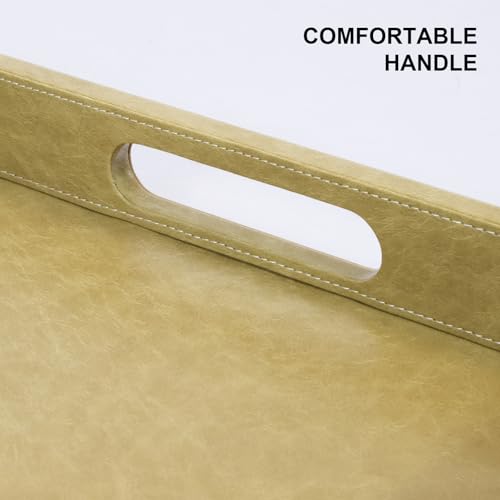20 x 14 inches Leather Rectangle Serving Tray with Hole Handles,High-End Light Large Service Tray for Ottoman Tray, Tea, Food, Butler - Countertop, Kitchen,Family Dinner, Picnic (Brown) - color: Brown, size: 20" x 14" x 2"