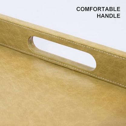20 x 14 inches Leather Rectangle Serving Tray with Hole Handles,High-End Light Large Service Tray for Ottoman Tray, Tea, Food, Butler - Countertop, Kitchen,Family Dinner, Picnic (Brown) - color: Brown, size: 20" x 14" x 2"