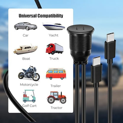 Dual Port USB C 2.0 Male to USB C 2.0 Female Extension Cable,Flush Mount Waterproof Panel Cable for Car,Truck,Boat,Motorcycle Dashboard 3.3ft - style: Dual USB C 2.0