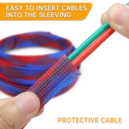 Braided Wire Loom Sleeve - Pet Proof Chew Resistant Cable Wrap, High Density Expandable Cable Sleeving for Automotive Wire Harness & PC Computer Case 16.4ft (Blue Red, 4mm (5/32")) - color: Blue Red, size: 4mm (5/32")