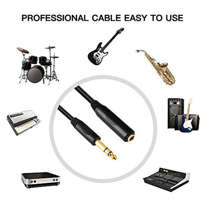 6.35mm 1/4" inch TRS Plug Male to 1/4 Female Headphone Guitar Extension Cable Cord, Gold Plated Audio Cable Stereo Extender, 20 feet (6 M) - color: Black 6M/20FT