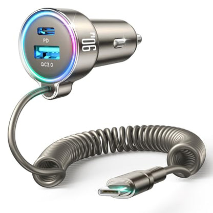 FLYLEAD 90W Car Charger USB C Fast Charge, PD45W for iPhone 17/16 Pro Max - color: Titanium - 5 FT