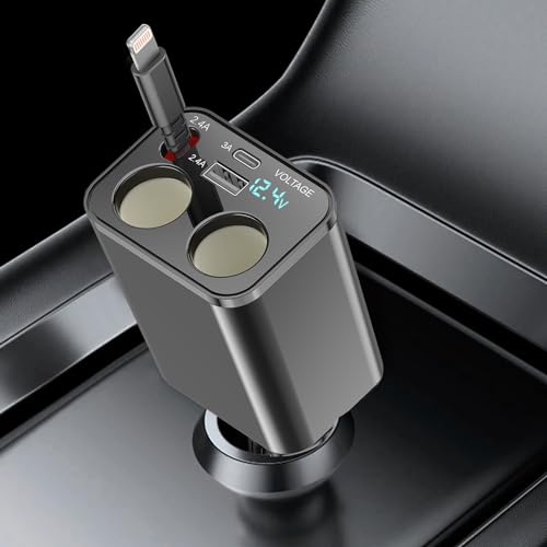 Car Cigarette Lighter Splitter, Dual Cigarette Lighter Adapter with Retractable Car Charger, Fast Car Charger Splitter 2 Socket for iPhone 14/13/12/11 Galaxy Pixel GPS Dash Cam