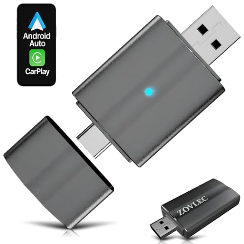 2026 Zovlec Apple CarPlay, Android Auto Wireless Adapter, Plug & Play Dongle for iPhone iOS 10+, Android 11+, USB Carplay, Fast Auto-Connect
