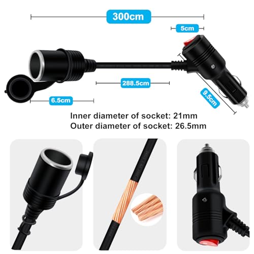 Cigarette Lighter Cable with On Off Switch 12V 24V Cigarette Lighter Extension Heavy Duty 16AWG 15A Fuse with LED Light, Waterproof Cover Suitable for Cars, Motorcycles, Boats (3 m/9.8FT) - size: 3 m/9.8FT