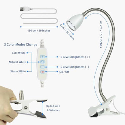 LALISU Desk lamp Eye-Caring Table Lamps, 360°Rotation LED Desk Clip Lamp - color: White with Dimmer