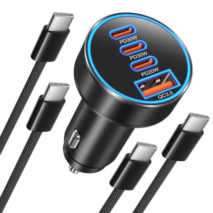 98W Car Charger USB C, 4 Port Fast Cigarette Lighter USB Charger with Cable - color: Black