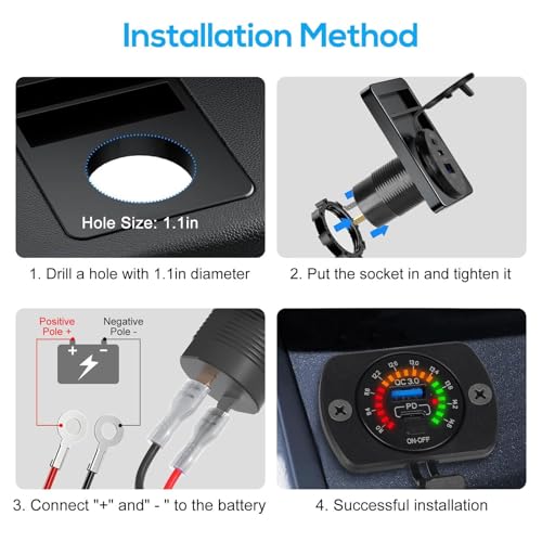 Linkstyle 12V USB Outlet, 30W PD USB C & 18W QC3.0 Ports Car Charger Socket with Color Voltmeter, Switch for RV Boat Truck