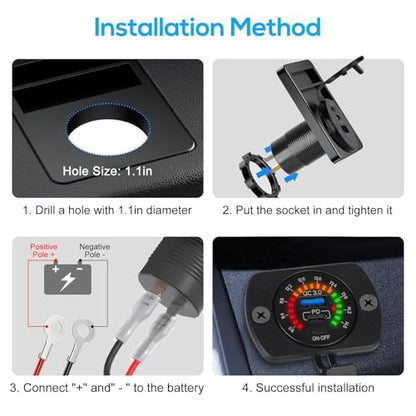 Linkstyle 12V USB Outlet, 30W PD USB C & 18W QC3.0 Ports Car Charger Socket with Color Voltmeter, Switch for RV Boat Truck