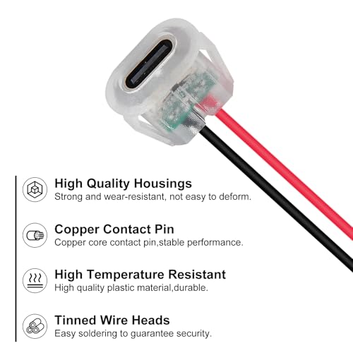 10PCS LED USB Type-C Female Chassis,3A 2-pin Soldering Jack,2 Wire USB C Panel Mount Connector,24AWG USB C Pigtail Cable Extension Power Cable (with LED) - style: F