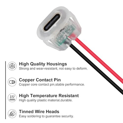 10PCS LED USB Type-C Female Chassis,3A 2-pin Soldering Jack,2 Wire USB C Panel Mount Connector,24AWG USB C Pigtail Cable Extension Power Cable (with LED) - style: F