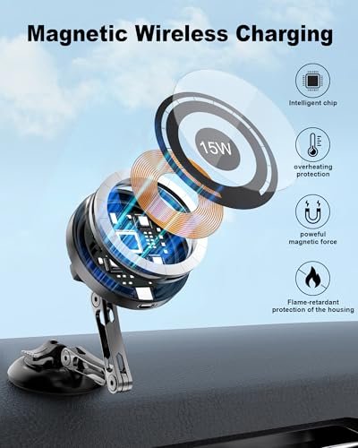 ZBF Magnetic Phone Holder for Car,15W Wireless Fast Charging for MagSafe Car Mount Vacuum Suction Cup Dashboard Windshield Phone Mount for Car 360°Adjustable Magnetic Mount for Women Men iPhone 17/16 - style: Upgraded Mount