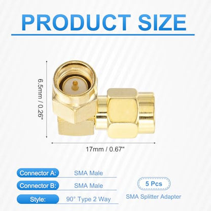 MECCANIXITY 5Pcs 90° Type SMA Right Angle Adapter SMA Male to Male Adapter Converter 50 Ohm for Antennas, Signal Monitoring, Test Bench, Router, Car Navigation, Gold
