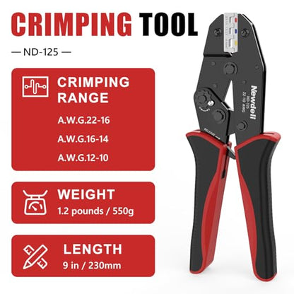 Newdeli Wire Crimping Tool for Heat Shrink Wire Connectors - AWG 22-10 Ratchet Wire Crimper Tool for Electrical Insulated Nylon Wire Terminals Heatshrink Butt Connectors Ratcheting Crimping Plier - style: ND-125 for heat shrink connectors