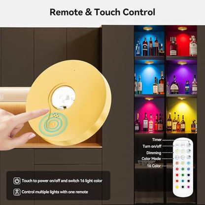 Rechargeable Puck Lights with Remote, 3 Pack Magnetic Under Cabinet Lighting, 1500mAh Battery Operated LED Tap Lights with Dimmer & Timmer for Kitchen, Closet, Shelf - 3 Color Temps & 12 RGB, Gold - color: Gold