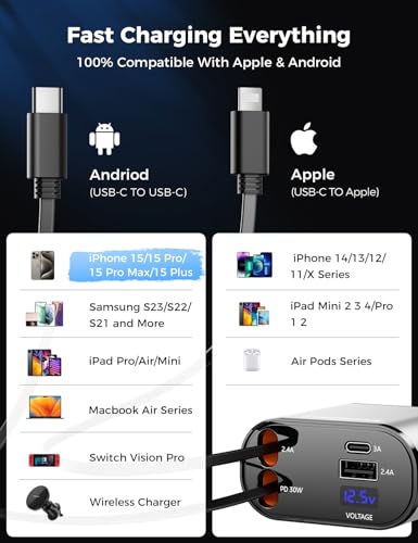 SUPERONE Retractable Car Charger 4 in 1 Fast Car Phone Charger, Silver - color: Silver