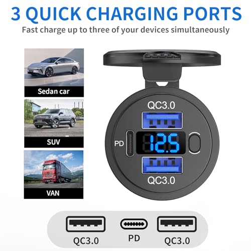 12V USB C Outlet Marine USB Charging Port for Car, Dual Quick Charge 3.0 & PD 3.0 Car Charger Socket with Button Switch and Voltmeter, Cigarette Lighter Replacement DIY Kit for 12V/24V Vehicles - color: 1 pack