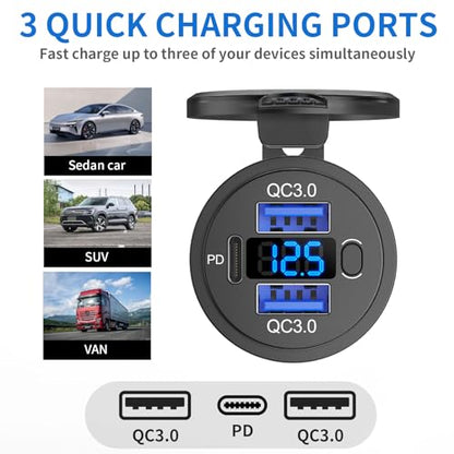 12V USB C Outlet Marine USB Charging Port for Car, Dual Quick Charge 3.0 & PD 3.0 Car Charger Socket with Button Switch and Voltmeter, Cigarette Lighter Replacement DIY Kit for 12V/24V Vehicles - color: 1 pack