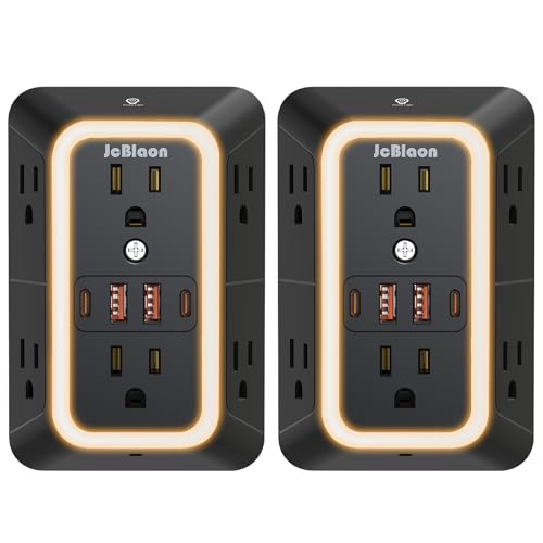 2 Pack Outlet Extender Power Strip, Multi Plug Outlet Surge Protector, 6 AC Surge Protector Outlets with 4 USB Ports (2 USB C) and Night Light, 1050J 3-Sided Wall Outlet for Home Travel Office -ETL - color: Black-2Pcs