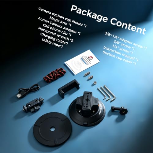 4.5" Electric Camera Suction Cup Mount with Ball Head Arm & Adapter, Heavy-Duty Metal Car Mount for Camera/Action Camera/Phone, 50KG Suction for Car Windshield/Boat/Window, 1/4" 3/8" Threads - size: 4.5 inch