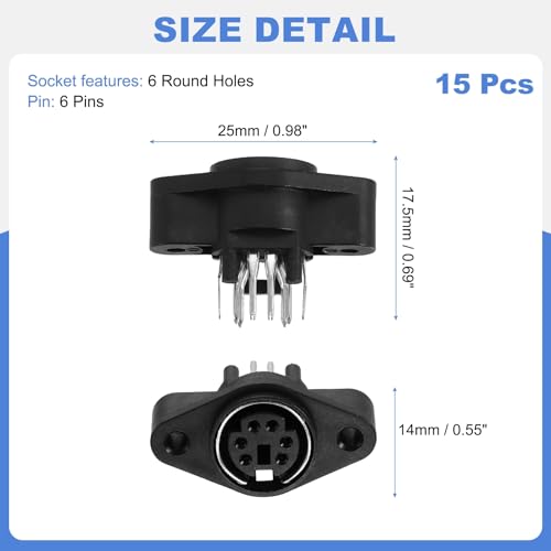 MECCANIXITY 6-Pin S-Video PCB Mount, Mini DIN Socket Female Jack Socket Connector Panel Mount for Media Player Audio Video Equipment, Pack of 15 Black