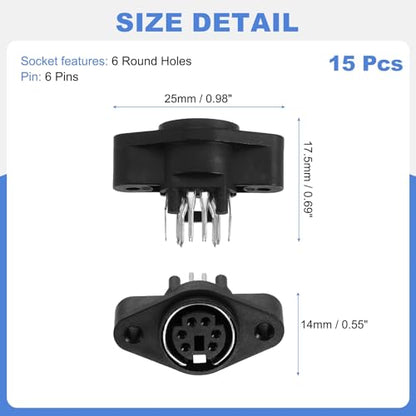 MECCANIXITY 6-Pin S-Video PCB Mount, Mini DIN Socket Female Jack Socket Connector Panel Mount for Media Player Audio Video Equipment, Pack of 15 Black